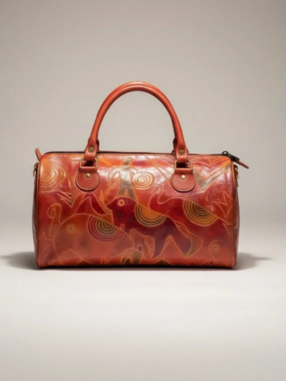 VTG Hand Painted Leather Elephant Satchel Bag India Boho Artisan Jungle Purse